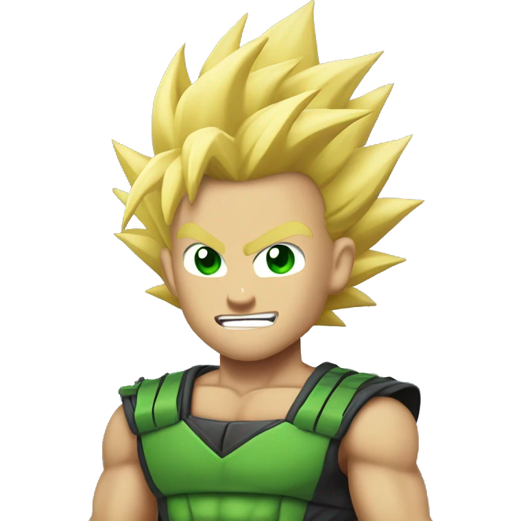 Super saiyan, blonde spikey hair, green eyes, exited emoji