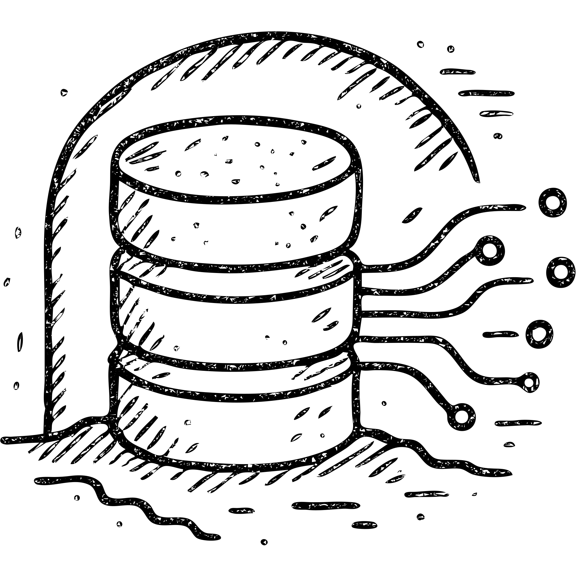 hand drawn outlined icon of stacked database cylinders in a basement or underground setting with abstract data streams, worn and distressed effect, detailed icon emoji