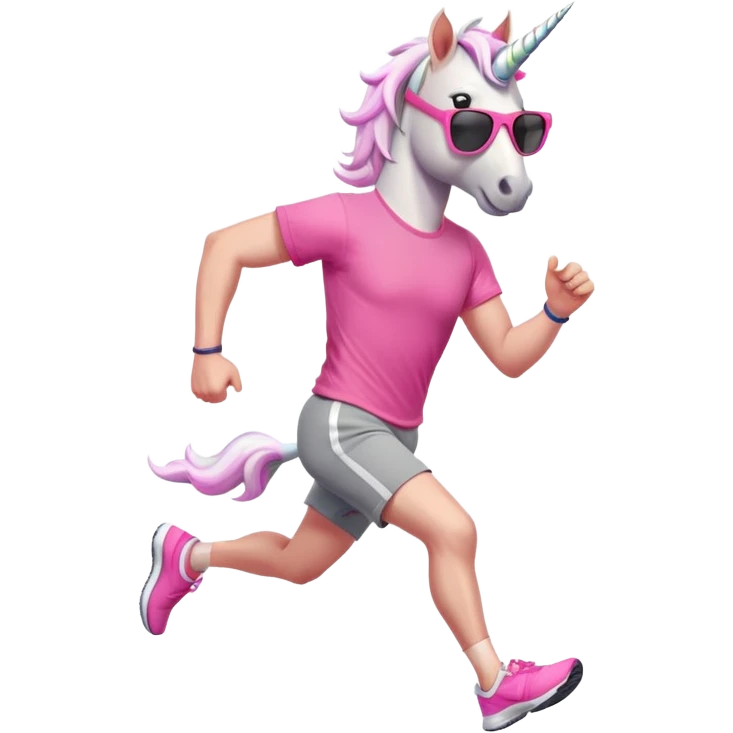 friendly anthropomorphised male white unicorn in grey shorts and pink t-shirt, wearing dark sunglasses, jogging upright in a standard pose emoji