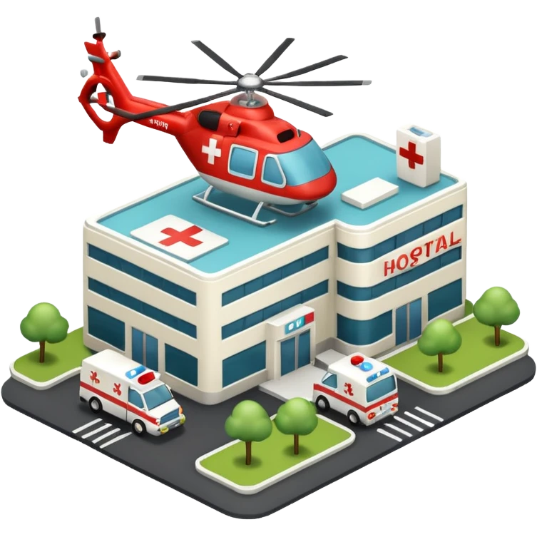 3d hospital outside, with text hospital, ambulance, helicopter , no background emoji