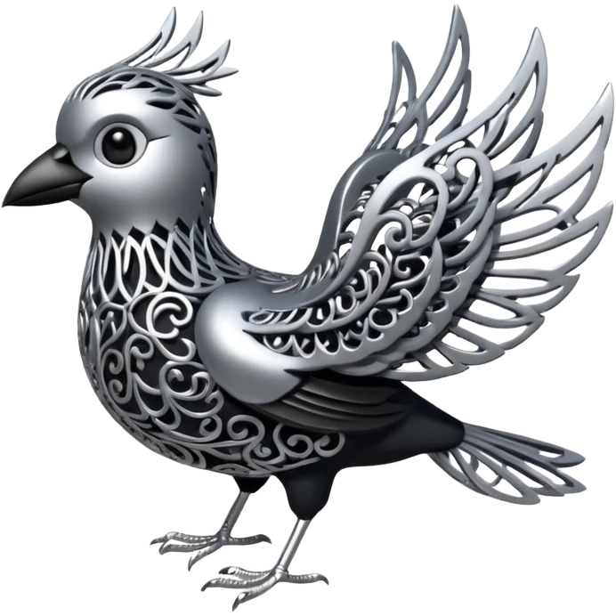 Black and silver filigree bird, 3D, extremely detailed design emoji