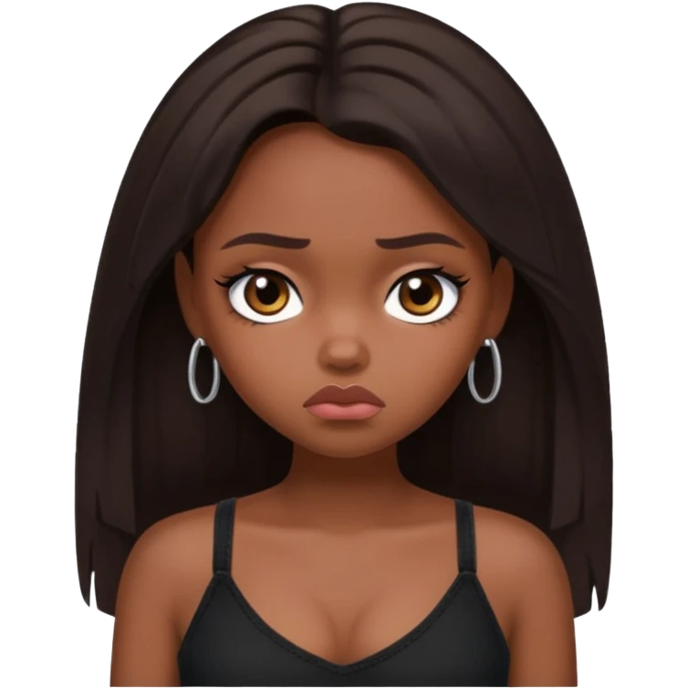 generate a pretty fair bratz girl with long dark brown hair looking sad. Wearing a black cami emoji
