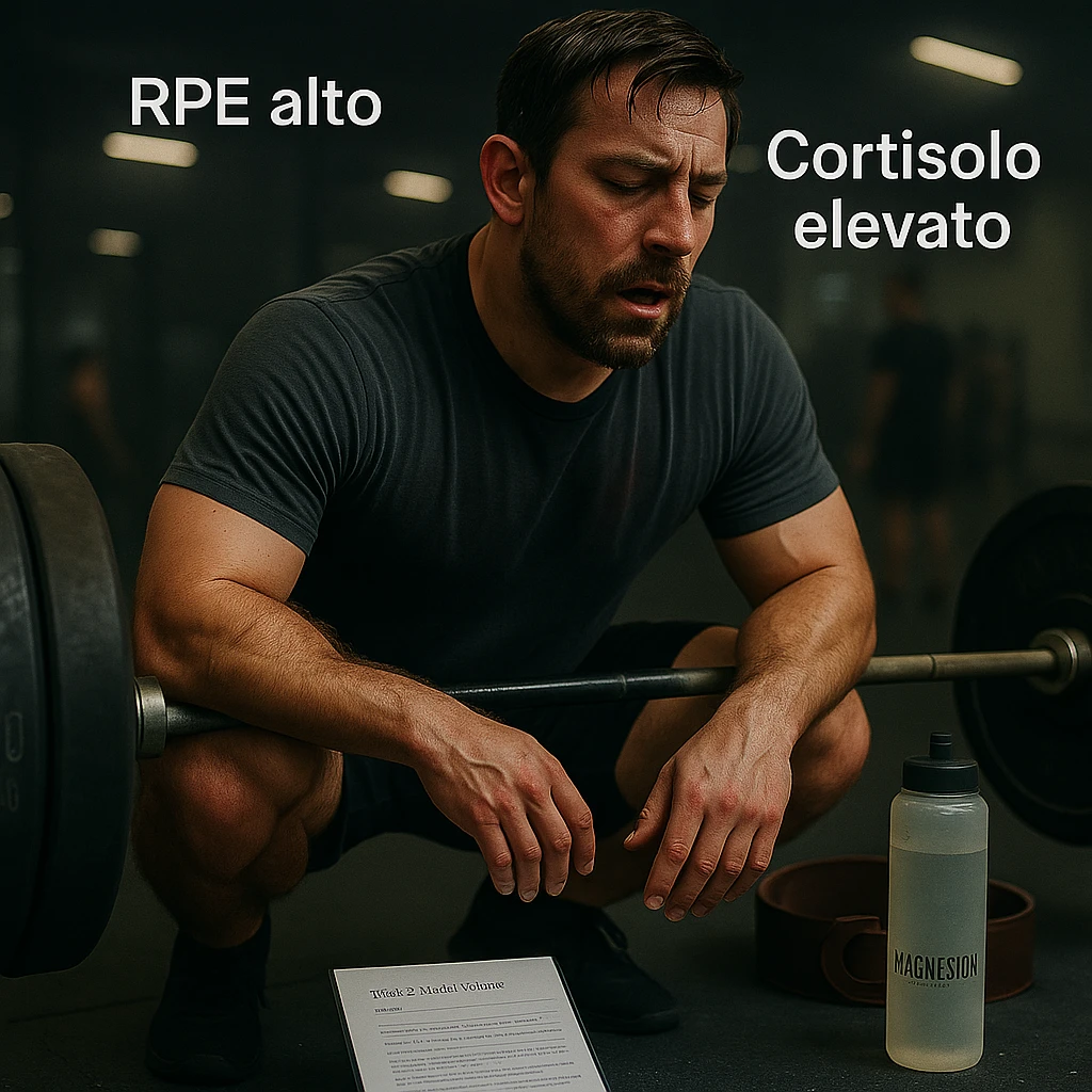Replace the floating icons above the head with clear and readable Italian text: 'RPE alto' and 'Cortisolo elevato', maintaining the cinematic style and original color palette of the image. emoji