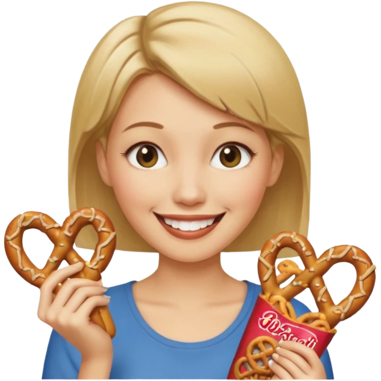 Short, Straight, Dirty blond hair, fair skin, woman winking holding pretzels emoji