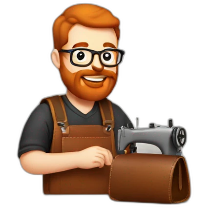 Red smooth haired man with beard and glasses sewing a leather bag by hand emoji