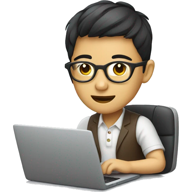 a asian human wear glasses is working on a laptop with a cup of coffee emoji