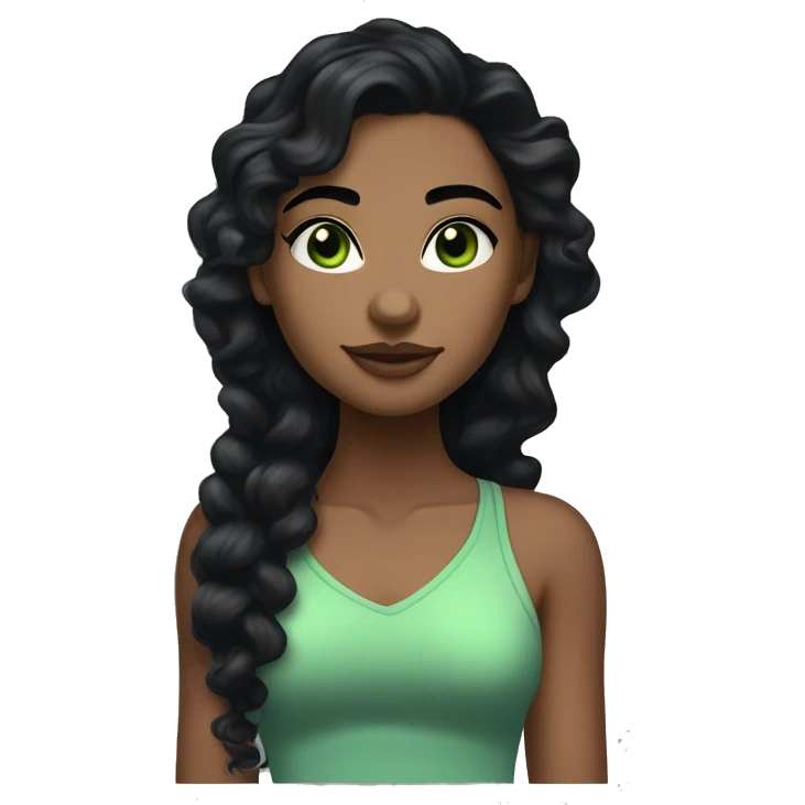 long curly black hair,eyes with a hint of green, eyes positive  canthal tilt ,medium thick shaped eyebrows , and medium thin lips, round face shape, soft jawline, full body, teen, sensual, american emoji