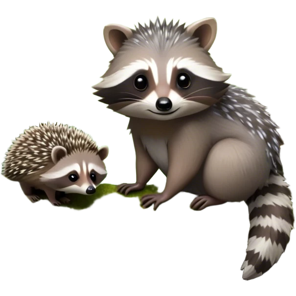 Collage of an exotic raccoon and a hedgehog, both curiously exploring a forest setting with moss and small flowers. The raccoon is perched on a tree branch, and the hedgehog is nestled in the underbrush. Vibrant nature backdrop. Transparent background. emoji