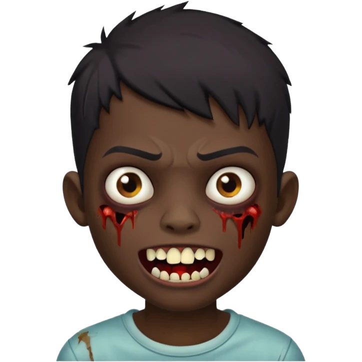 Make a boy zombie dark skin and short black 4c hair, showing a grilz teeth emoji