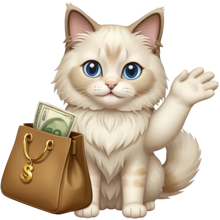 the ragdoll cat waves its paw and holds a bag of money emoji