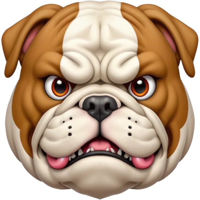 Create a fierce bulldog head emoji facing forward.
Strong jaw, deep wrinkles, and an intense scowl.
Small folded ears, sharp focused eyes, slight underbite with two visible fangs.
Style: modern esport mascot — clean lines, high contrast, intimidating but iconic.
Transparent background. emoji