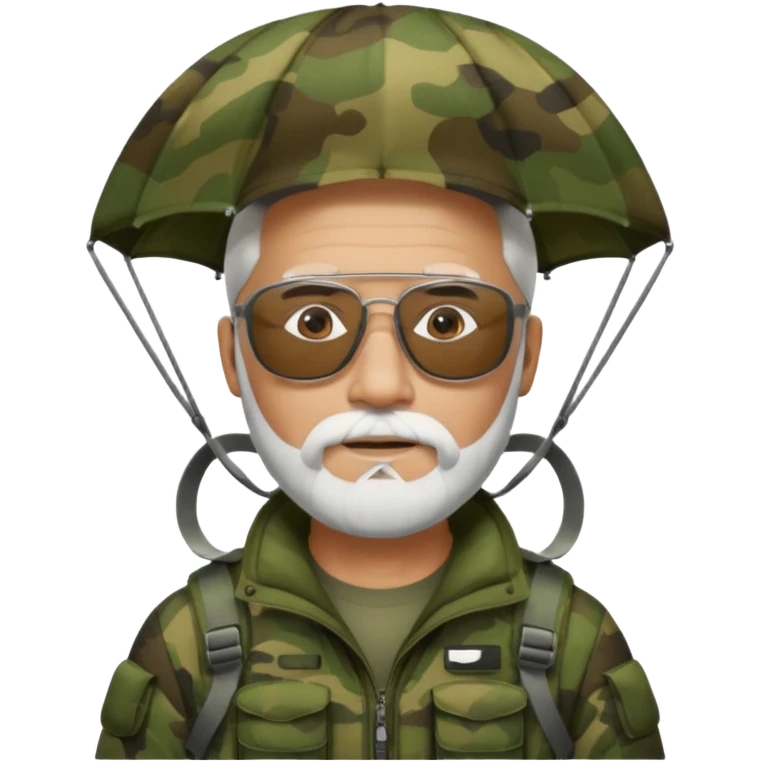 Man with a white beard and dark glasses wearing camouflage in a parachute emoji