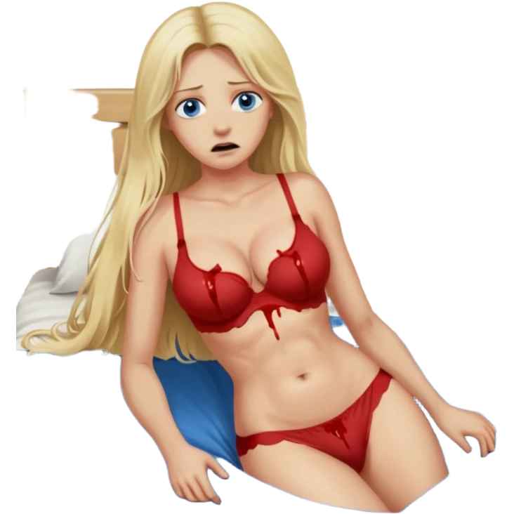 Blonde baddie with very longhair blue eyes   lay in a bed in underwear sie hat Todesangst und guckt schmerzhaft erschrocken Bauch aufgebläht und Bettlacken blutig ihre Brüste unnatürlich riesengroß.ein großer Mann war das, der sie festhält und ihren Bauch aufpumpt der kurz vorm platzen ist orgasmus emoji