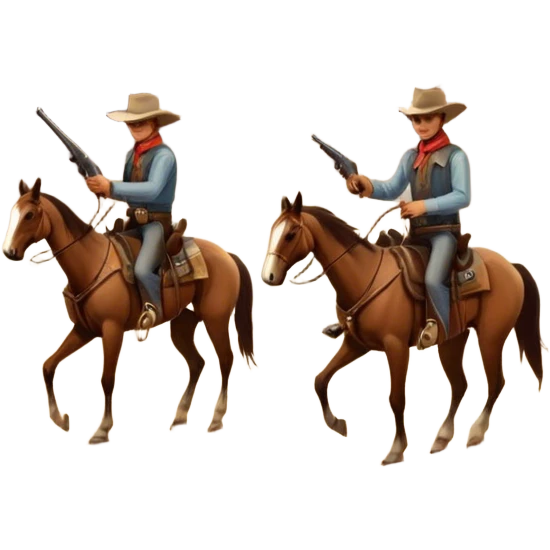 Icon for Western: A vintage movie poster-style design with cowboys on horseback, dusty desert landscape, and a setting sun. Include cowboy hats, revolvers, and an old saloon. The design should have bold typography and a retro cinematic feel. Transparent background. emoji