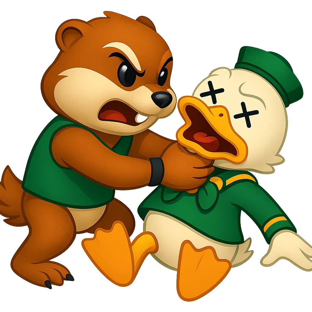 Create an intense action scene of the Oregon State Beaver mascot clearly strangling the University of Oregon Duck mascot. The style should resemble emoji style with bold, simple shapes and colors. The background should be removed, isolating the characters clearly in the image. emoji