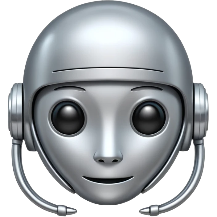 A cute futuristic robot emoji made of silver chrome, rounded friendly body, minimal facial features, glossy metallic surface, soft reflections, iOS emoji style, centered, clean white background emoji