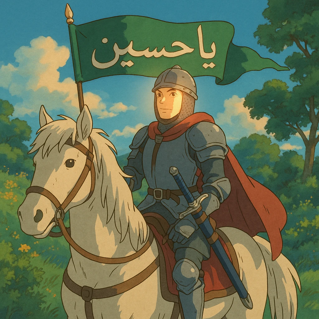 A knight with light on his face riding a horse, holding a banner with “Ya Hussein” written on it in Arabic, and holding a sword Tokijin In the sheath emoji
