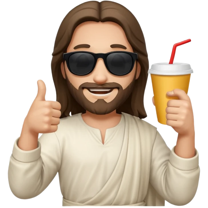 emoji di Gesù con occhiali da sole un pollice in su e in una mano un bicchiere di carta
 emoji