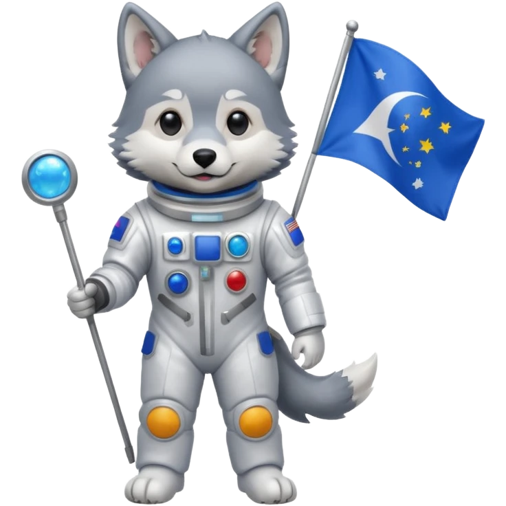a wolf in space suit, holding blue rectangle flag, full body emoji