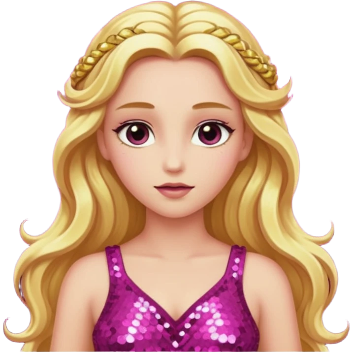 Venus from Ancient Gods with pink skin, long golden blonde hair, dark pink sequin outfit emoji