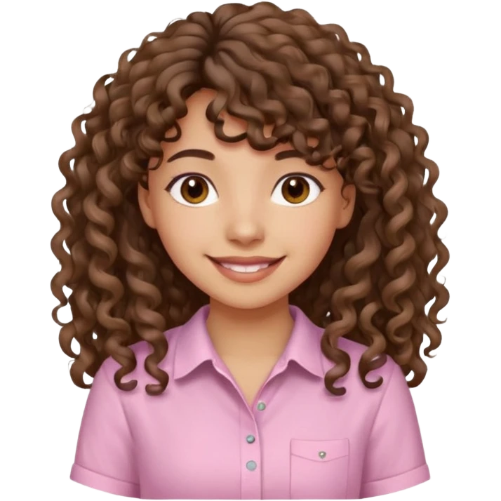 A Latina girl with brown eyes and long loose curly hair with curly bangs with a light pink shirt emoji
