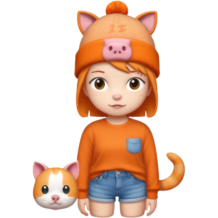 a colorful beanie, orange shirt with a cartoon pig and Japanese text, denim shorts, and accompanied by a small pixelated orange cat.  emoji