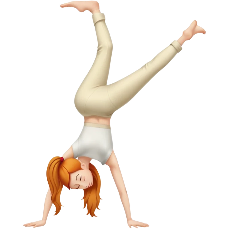 Ginger Girl side view handstand two straight legs together in cream pants emoji