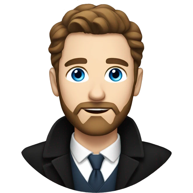 White male in 30s, blue eyes, with brown hair, a beard and a long smart black coat emoji