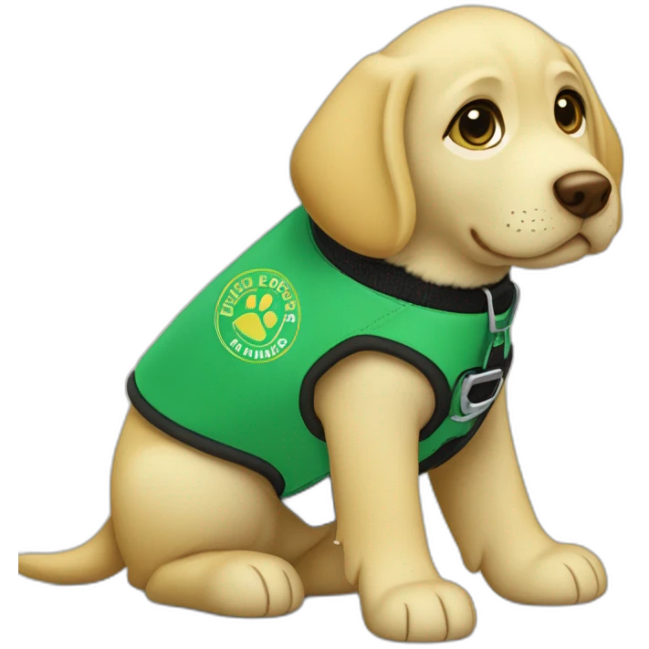 yellow lab puppy wearing a green service dog vest that reads “guide dogs for the blind puppy in training” emoji