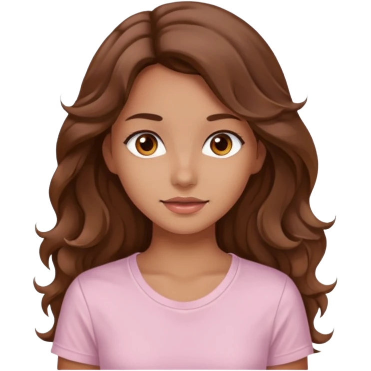 A pretty girl with tan skin and long brown wavy hair, wearing a very light pink basic shirt with brown eyes emoji