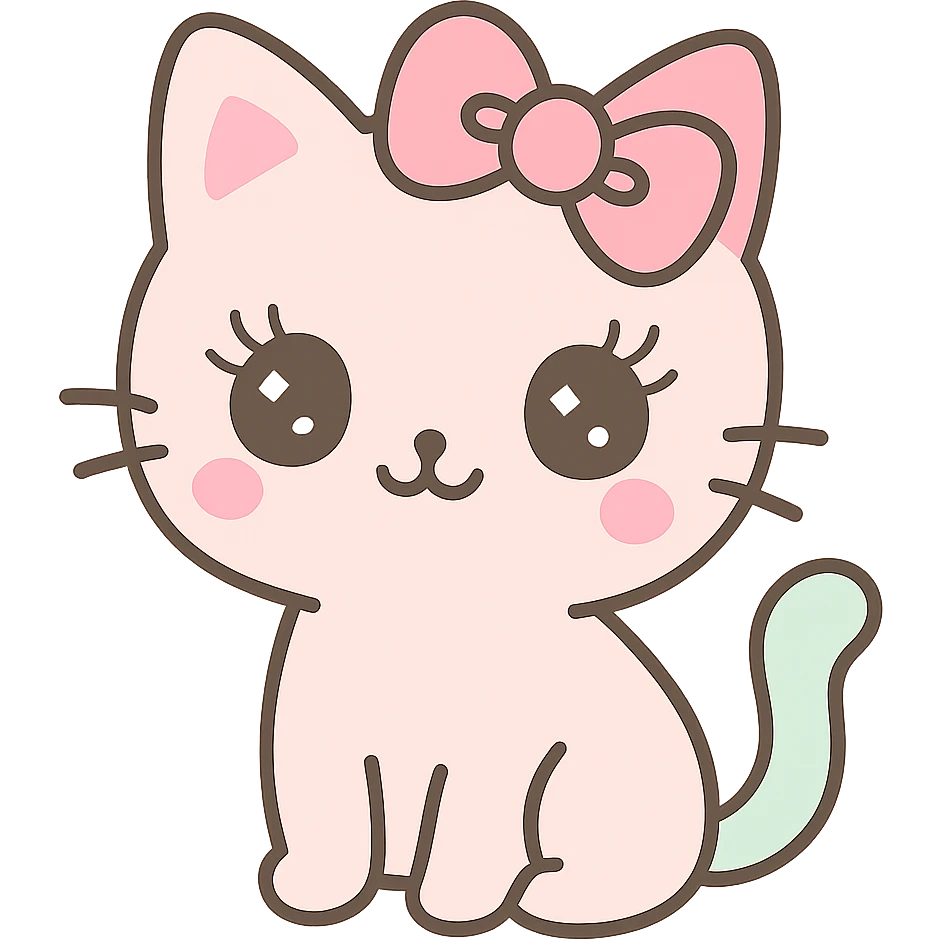 A kawaii style cat with long eyelashes and a pink bow on the head, transparent background. emoji