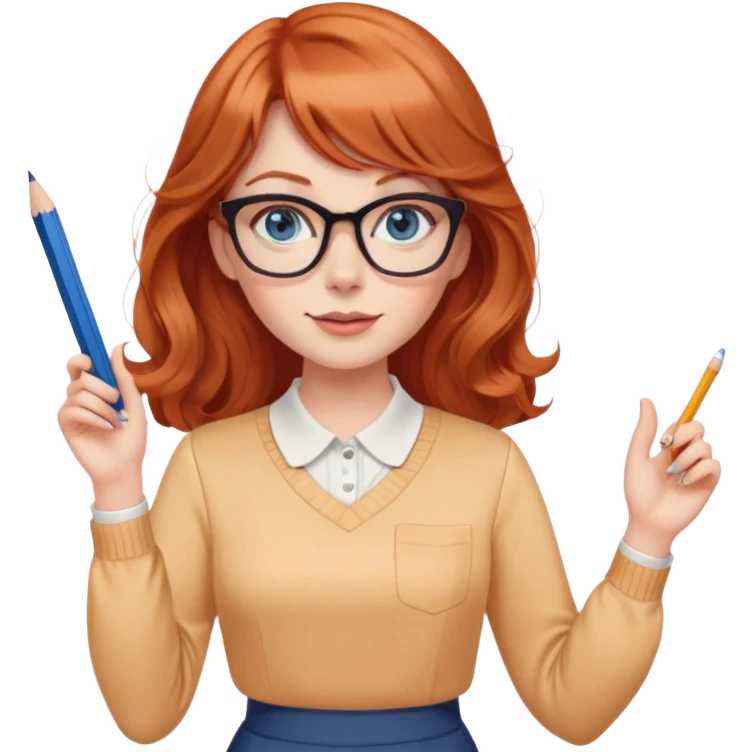 redheaded woman with long wavy hair and bangs, blue eyes, cat-eye glasses, pencil skirt, apricot blouse, holding a pencil, waving emoji
