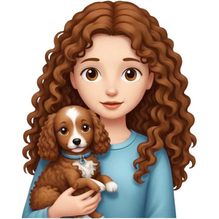 A long-haired girl holding a brown curly dog emoji