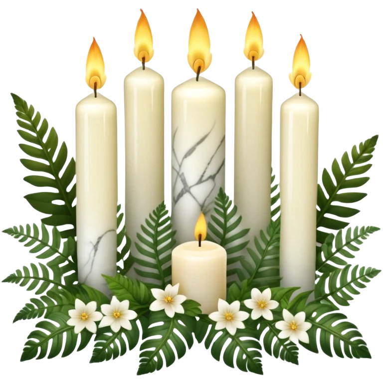 Aesthetic scenic beautiful gorgeous holy divine spiritual pretty elegant sparkly shiny scene of Candles, flowers, marble stone, lush vines, ferns, scenic aesthetic scenery emoji