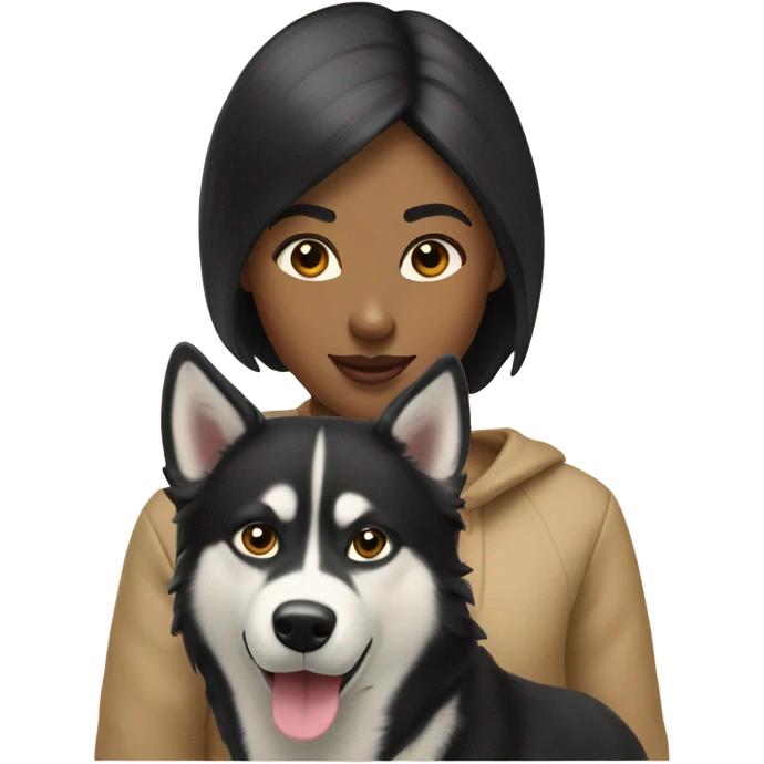 A golden beige Husky next to him a girl with black hair who kisses him on the cheek emoji