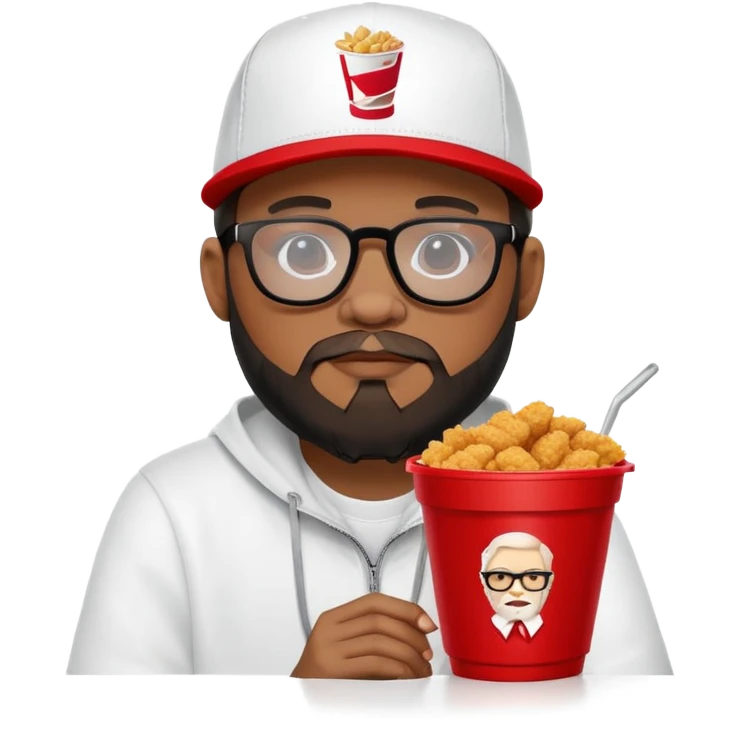 BBNO$ rapper sitting in a KFC bucket, glasses, beard, snapback cap emoji
