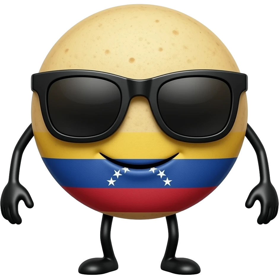 Quiero 1 arepa redondel venezolana con lentes oscuros qué tenga brazos y piernas de palitos negro que este sonriendo levemente emoji