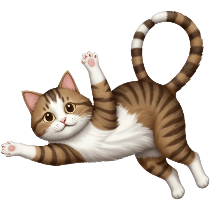 dark brown tabby and white cat with doing a big extremely long stretch reaching up into the air with arms and legs side by side together straight and overextended whilst lying on its side emoji