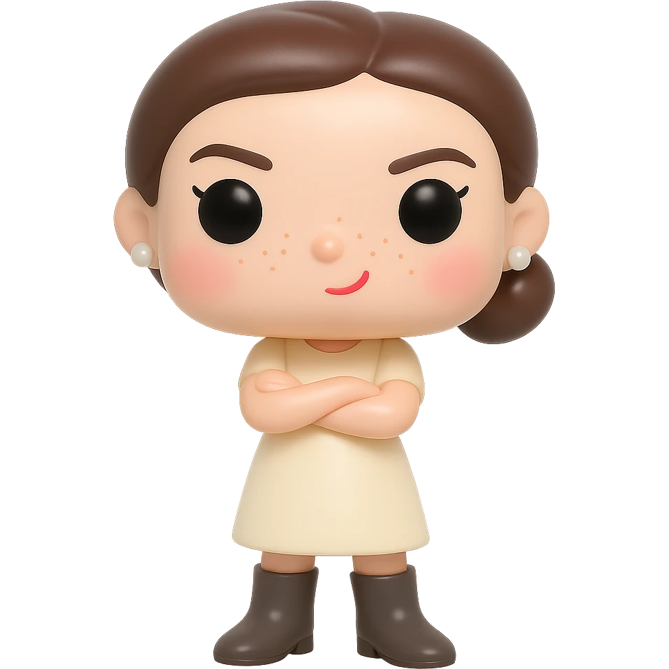 Create a Funko Pop style vinyl figure inspired by the reference image. The figure should have a feminine cream-colored dress, dark greige mid-calf Santiago boots, dark brown bob haircut tied back, small freshwater pearl earrings, rosy cheeks, light freckles, and a mischievous expression with arms crossed. No accessories except the earrings. Transparent background. emoji