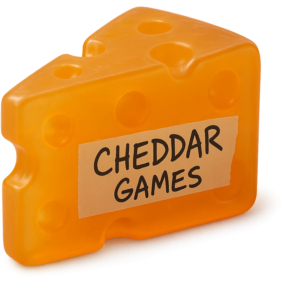 hyper-realistic, highly detailed block of cheddar cheese with clear orange transparent body, holes like Swiss cheese, soft flat plastic texture reminiscent of 90's toy, soft reflections, slightly squishy and cloudy appearance, no shine, glowing slightly, high-quality retro gummy look, extremely appealing, piece of tape on the side with 'Cheddar Games' written in sharp messy handwriting, hyper-realistic retro visually stunning emoji
