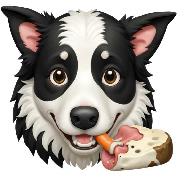 A black and white border collie is chewing on a rotten, smelly cow's hoof. emoji