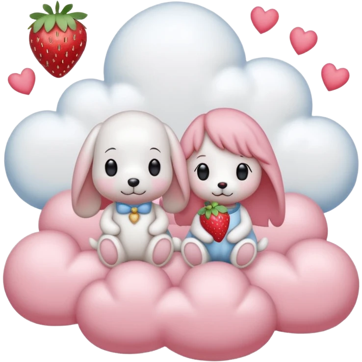  Couple DP in AI emoji style with Cinnamoroll and Snoopy. Both wear strawberry-themed accessories, sitting together on a pastel pink cloud with hearts, sparkles, and strawberries around. Cute, soft, and romantic vibe. emoji