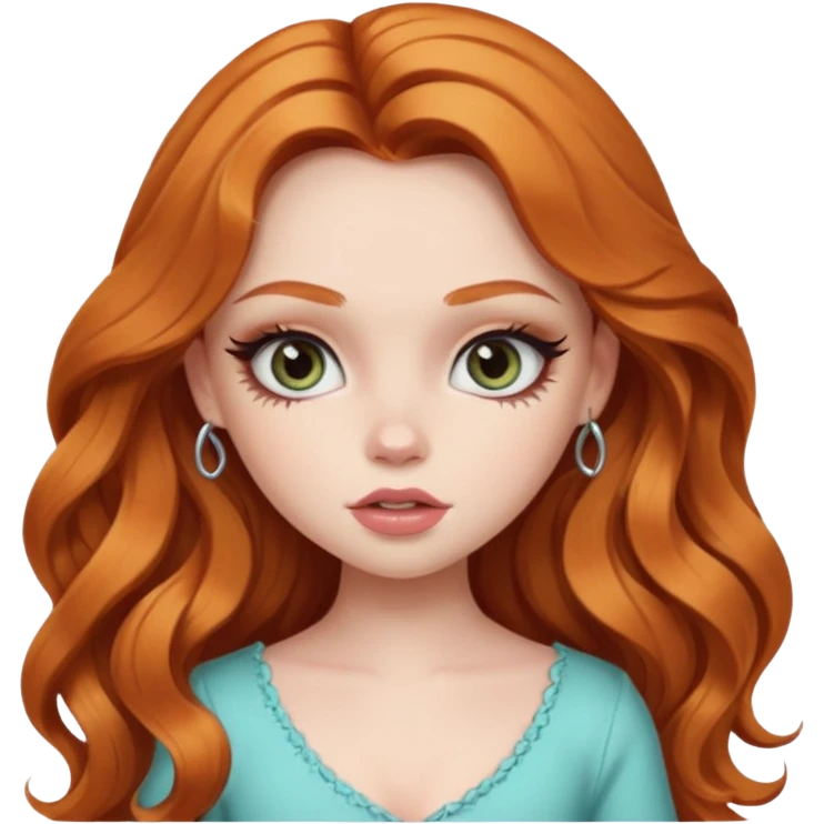 pale skin, girly bratz baddie, beautiful eyes, eyeliner, long wavy ginger hair emoji