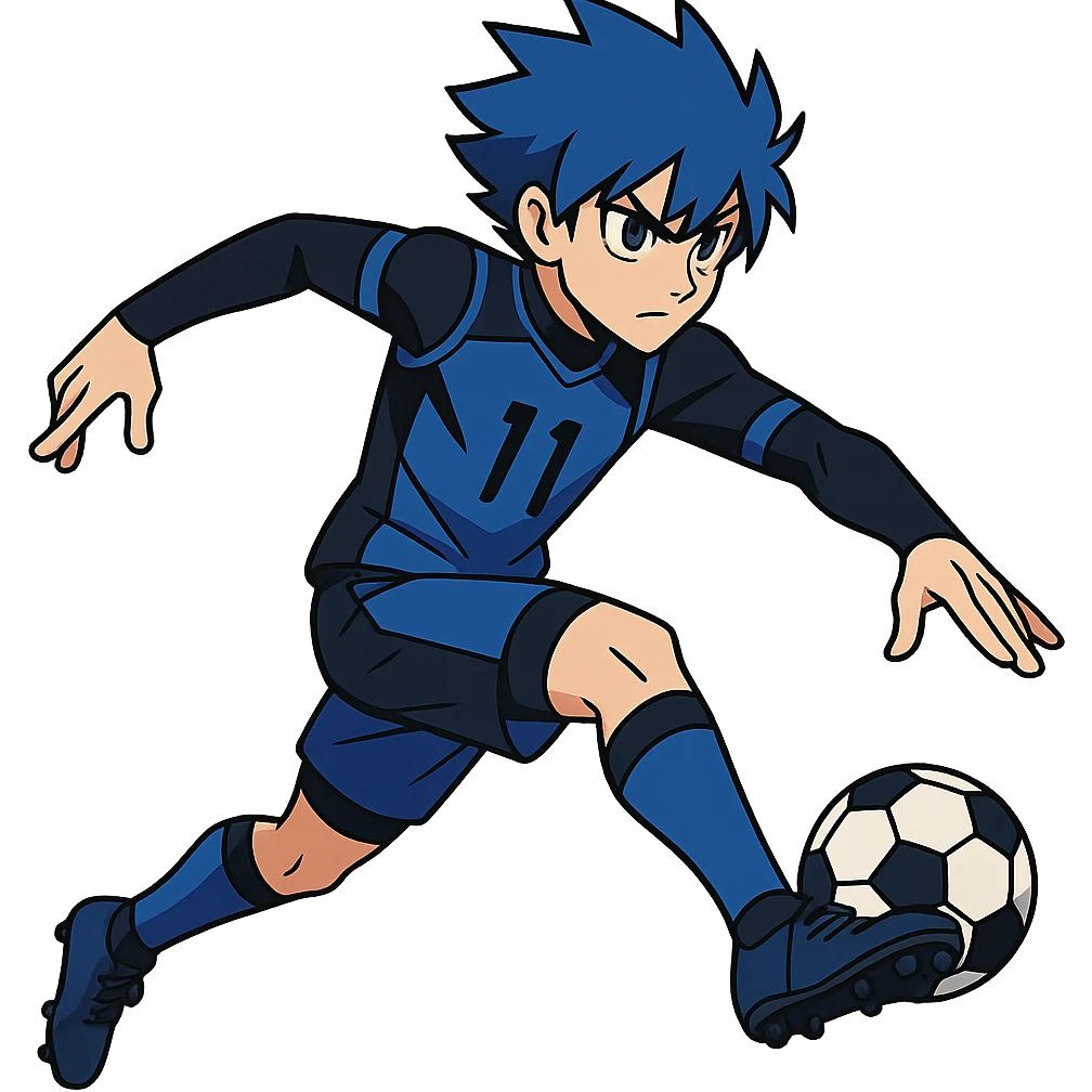 anime soccer player inspired by Blue Lock, dynamic pose, blue and black uniform emoji