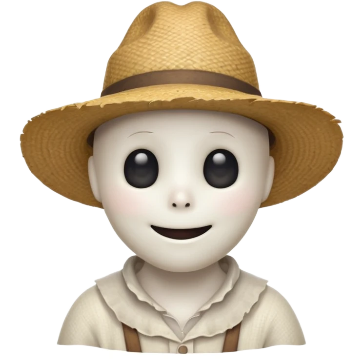 friendly ghost farmer portrait, head and shoulders only, straw hat, soft pale glow, gentle smile, cute cracked texture (not scary), cozy village vibe, warm lighting, 3D cartoon, mobile game icon style, clean background, no text, no watermark
 
 emoji