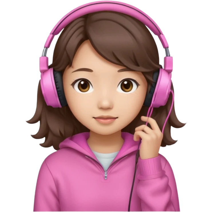 a asian japanese girl with wavy silky brown hair and no bangs. she has a cute pink gaming headphones. she is wearing a cute pink sweater  emoji