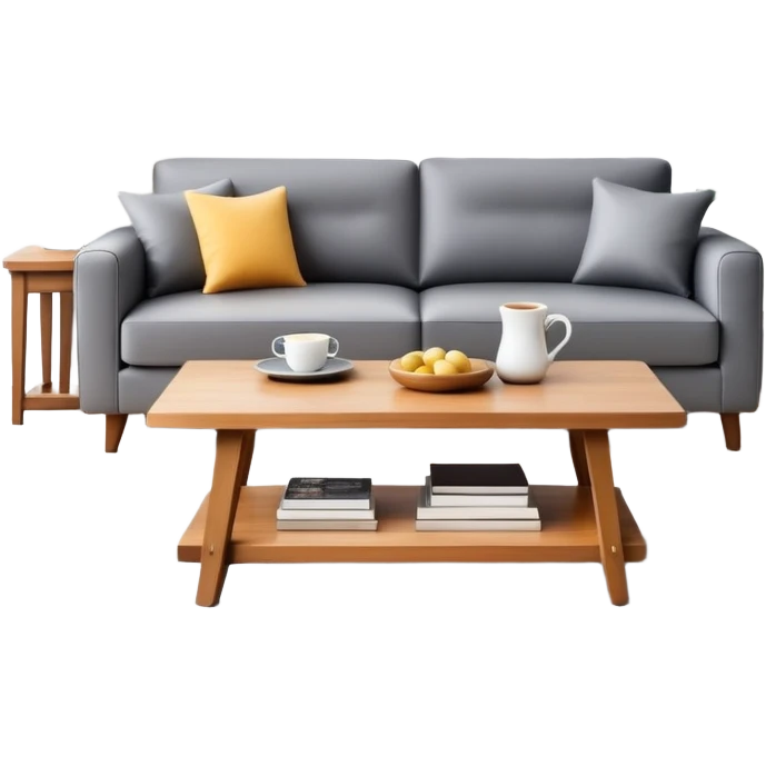 A stylish living room with sofa, coffee table, and decorative items emoji