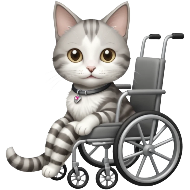 disabled grey and white small cat using cat wheelchair emoji