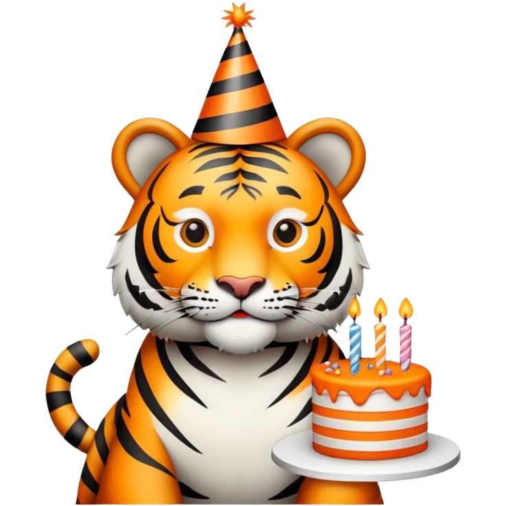 Tiger with birthday cake and party hat emoji