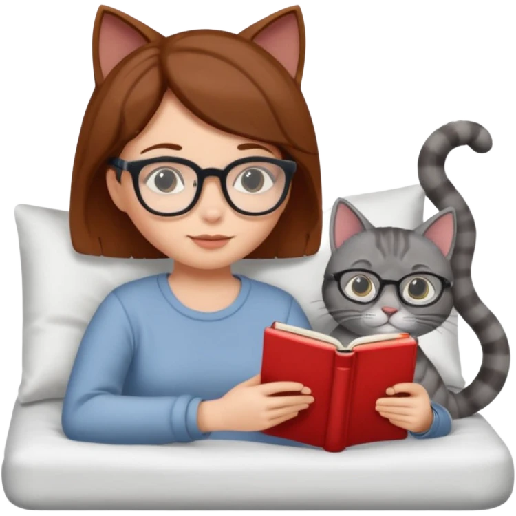 A girl is lying in bed. She has short chestnut hair styled neatly, is wearing glasses, and is reading a book. A grey cat is lying on her legs. emoji